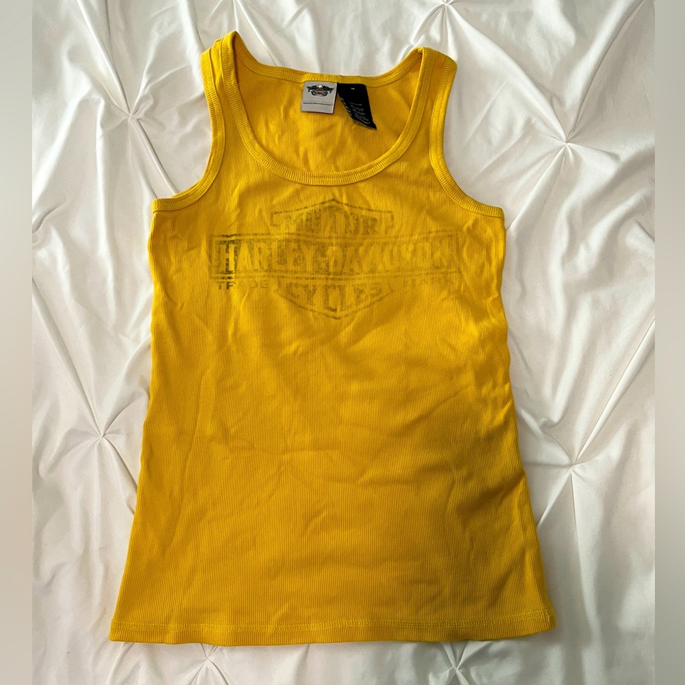 Harley-Davidson gold yellow ribbed tank top with distressed logo print black
